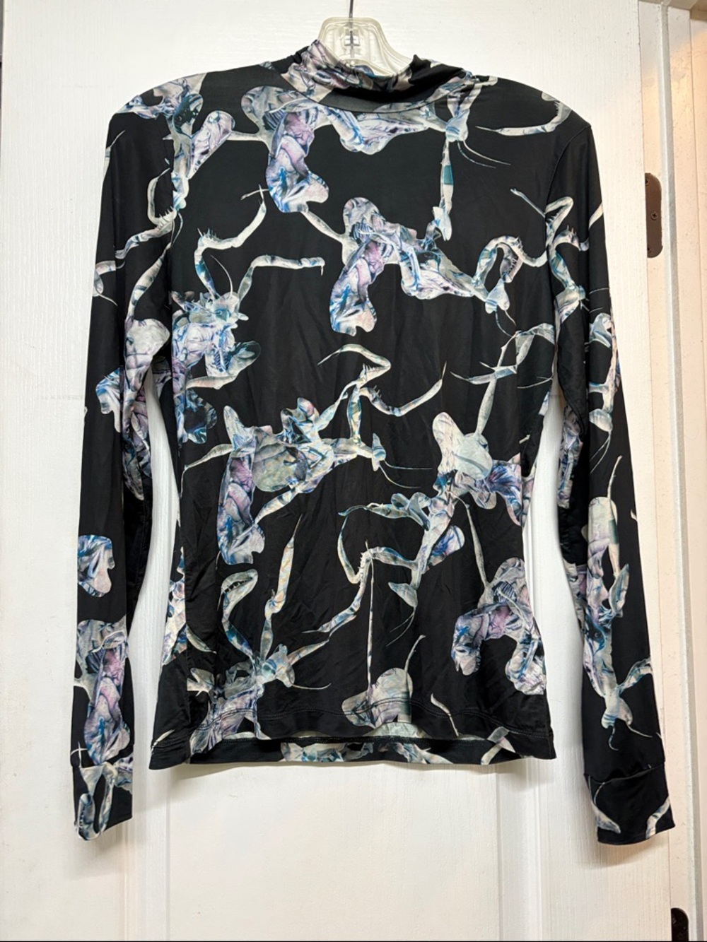 Desigual Black Long-Sleeve Mock Turtle Neck Top with Abstract Floral/Insect sz L
